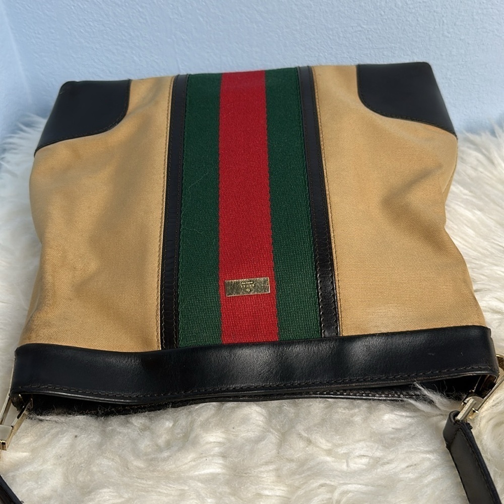 Vintage Gucci Web Stripe Canvas Leather Shoulder Hobo Bag Brown Red Green - Picture 13 of 16